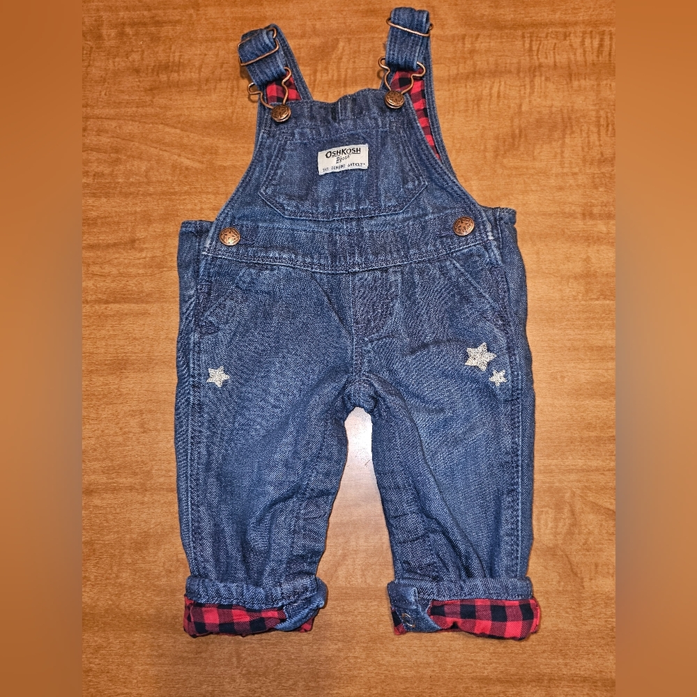 Oshkosh B'Gosh Boys Overalls Blue jean &  Buffalo Check Plaid Star Embroidery 3m